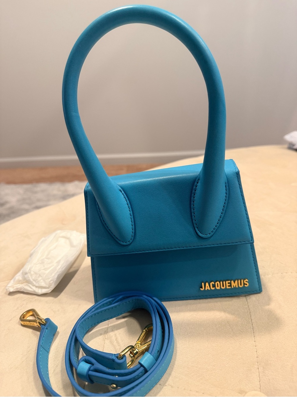 Jacquemus Le Chiquito Mini Bag in Turquoise Blue with Gold Hardware